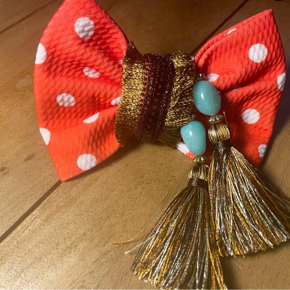 Hand Crafted Orange Polka Dot Bow with Gold Tassels